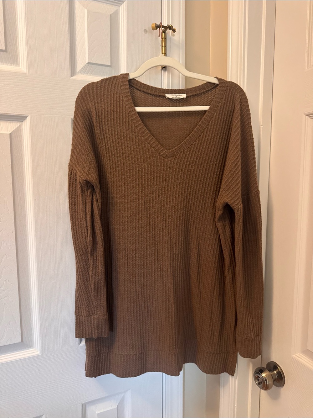 Zenana Outfitters V-Neck Waffle Knit Sweater - Brown